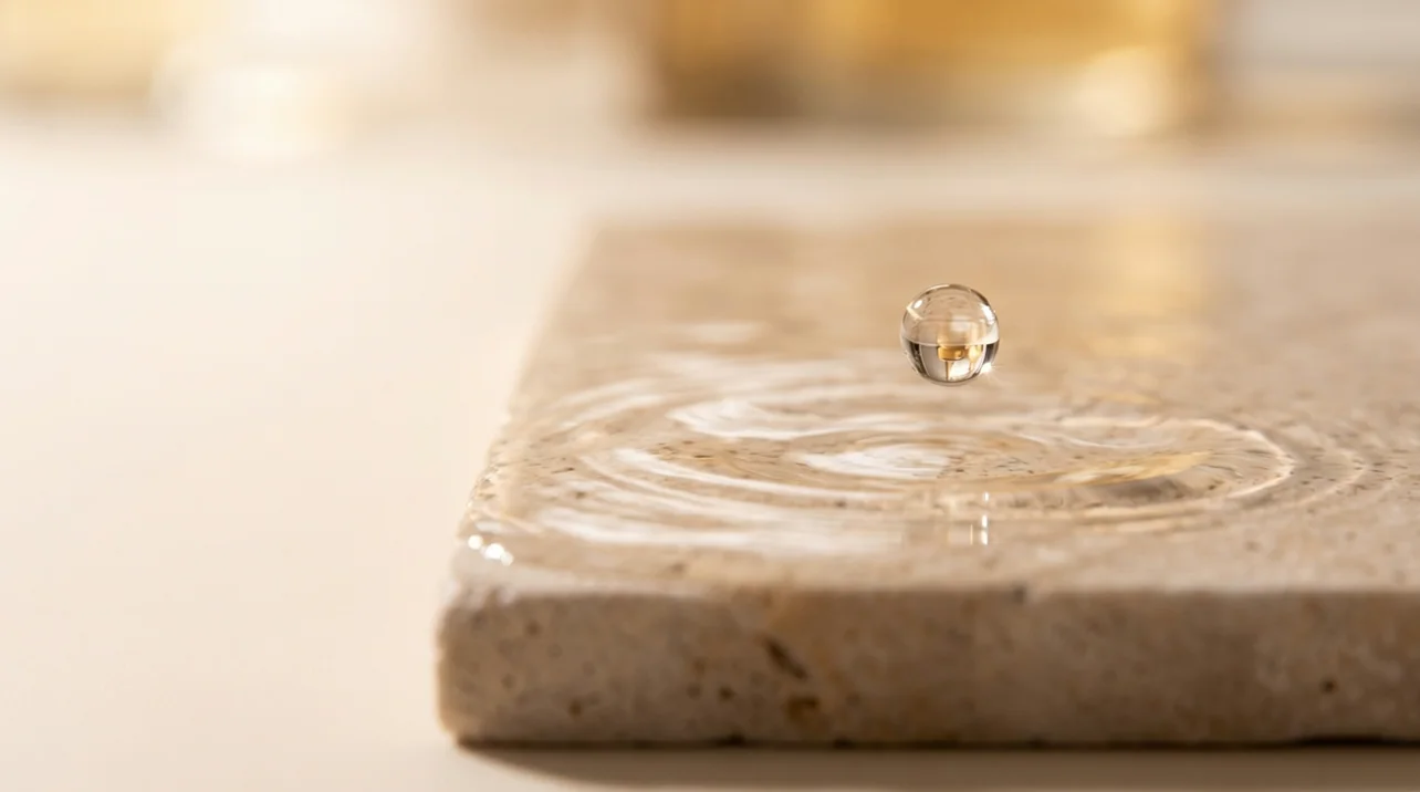 A drop of serum suspended above water, glowing in warm light